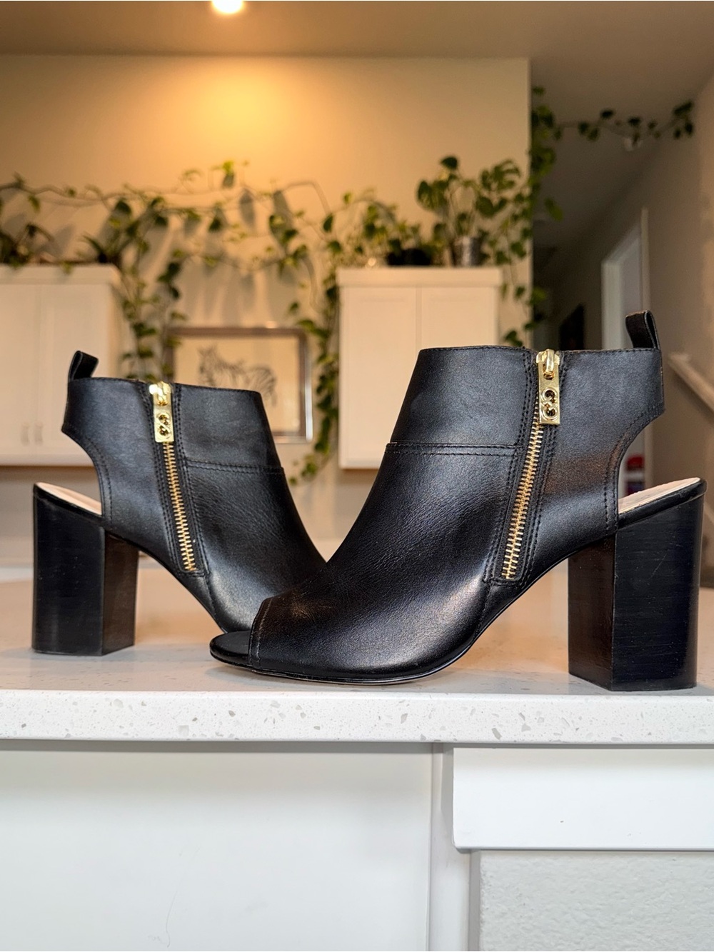 Cole Haan Black Leather Peep-Toe Zip Heel Booties